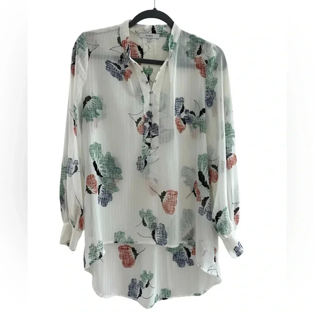 Anthropologie RO&DE Blouse Womens Size XS Ivory Flower Print Oversized Tunic